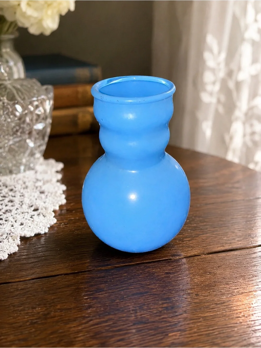 Vintage Blue Satin Glass Bud Vase Small Hand Blown Art Glass 4” Decorative Vase